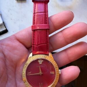 Versace Women's Watch with Red Strap and Gold Accents